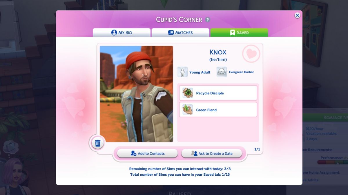 Screenshot of the Sims 4 Cupid's Corner Saved Tab 