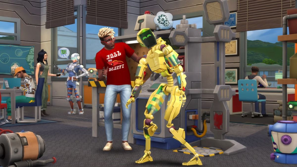 Sims 4 Discover University promo image featuring a Sim talking to a robot