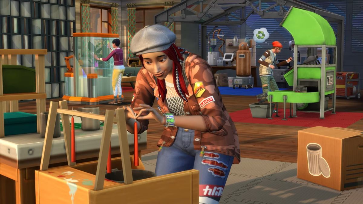 Sims 4 Eco Lifestyle promo image featuringa Sim tinkering with a recycled item