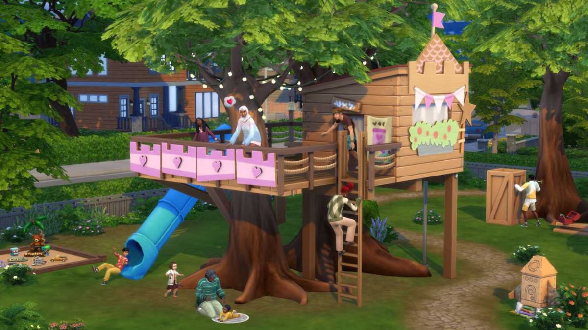 Sims 4 Growing Together promo image featuring a Sim in an elaborate treehouse