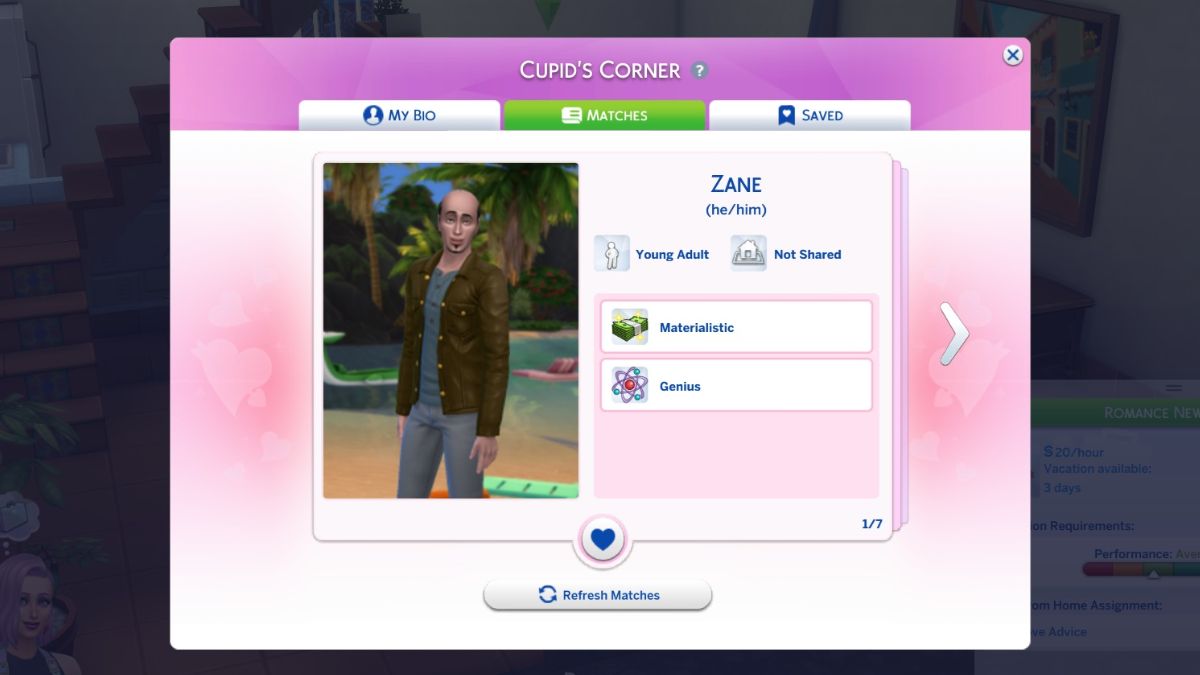 Screenshot of the Sims 4 Lovestruck Cupid's Corner Matches Tab