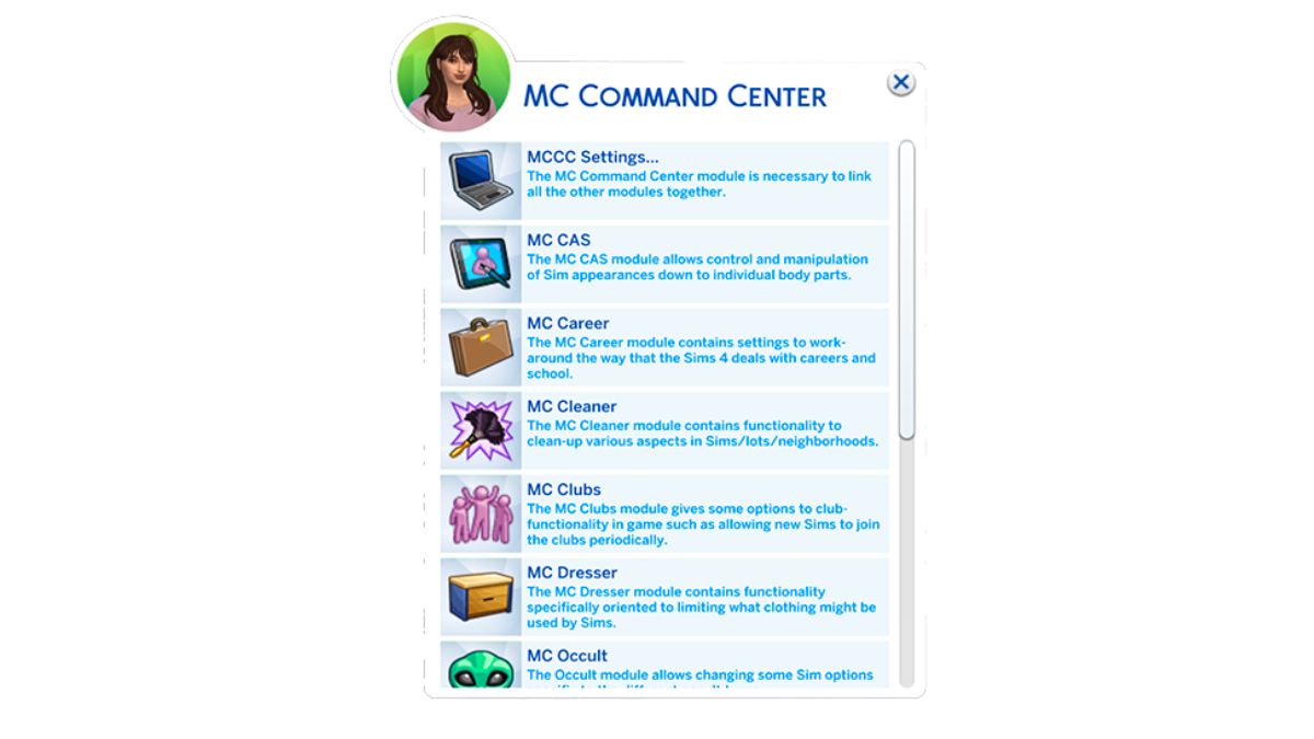 An image of a menu for MC Command Center, which lists a variety of options, including clubs, cleaner, and dresser