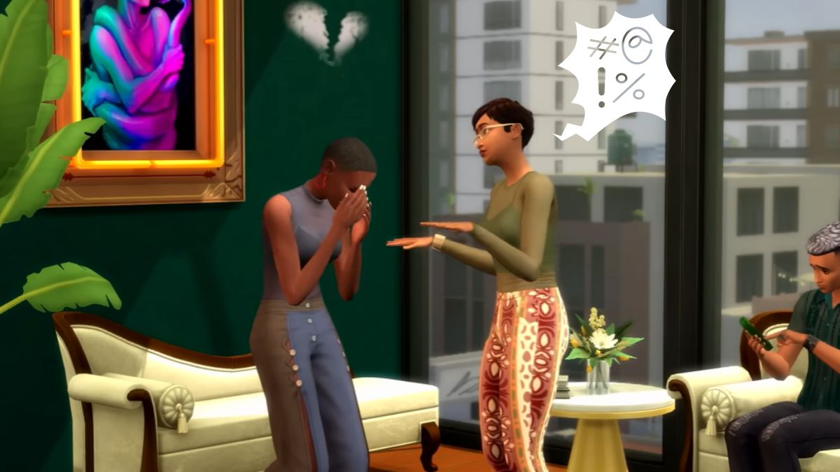 Image of one Sim yelling at another in The Sims 4, with a heartbreak icon over the crying Sim