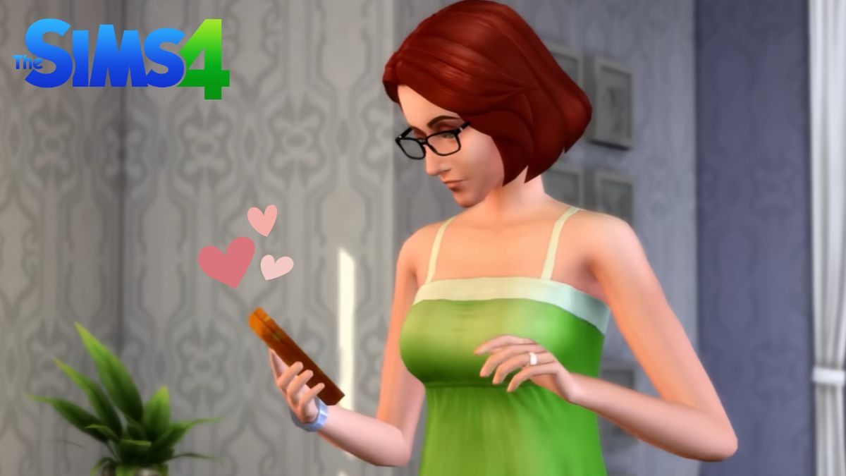 Sims 4 Romance Consultant Career Levels and Skills cover image showing a Sim looking at their phone with hearts coming out of it