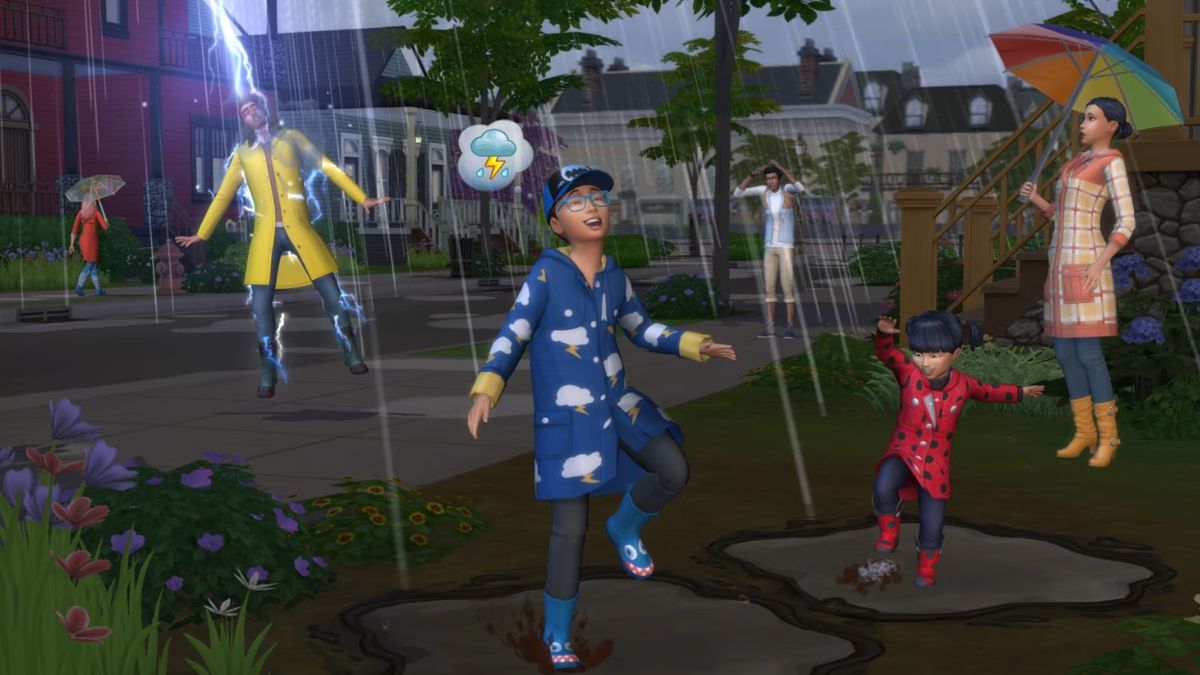 Sims 4 Seasons Expansion Pack promo image featuring a child playing in a puddle while another Sim gets struck by lightning in the background