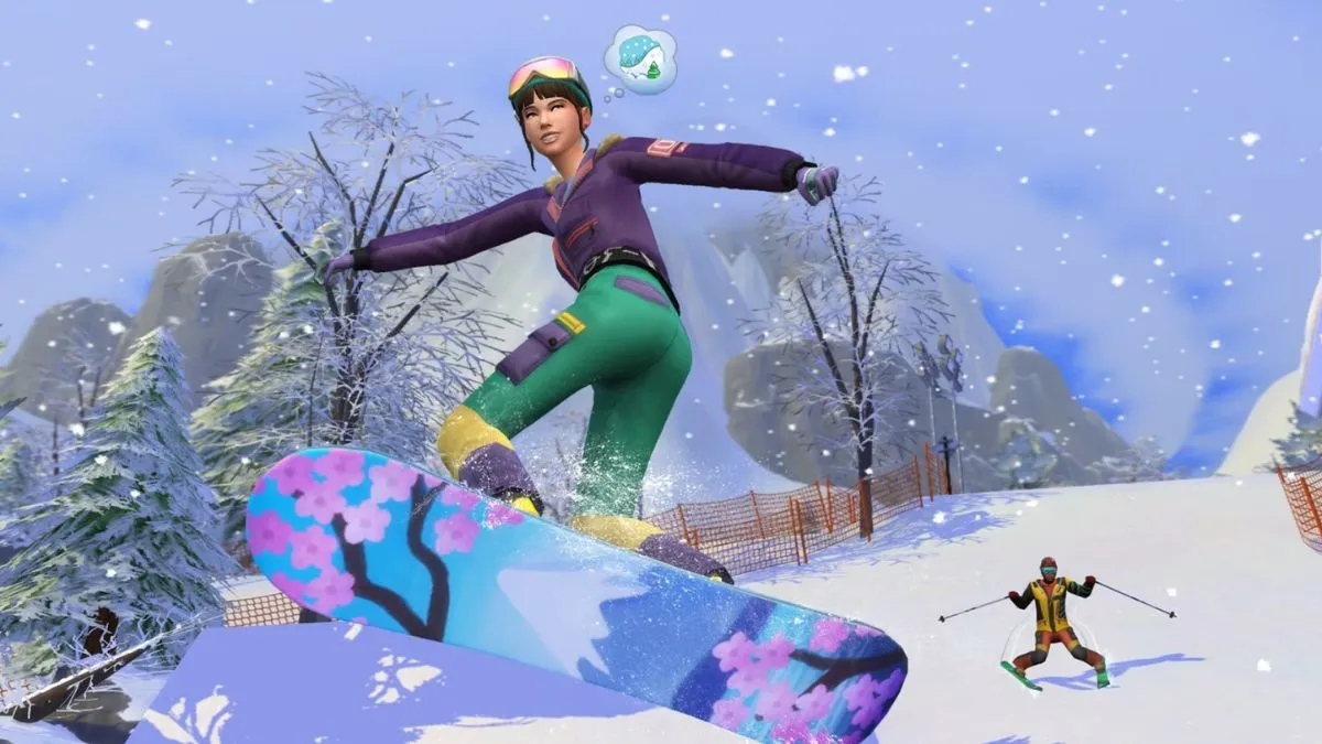 Sims 4 Snowy Escape promo image featuring a Sim snowboarding