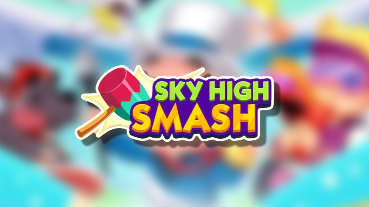 The Sky High Smash logo on top of a blurred Monopoly GO background in an article detailing all of the rewards and milestones players can earn during this tournament.