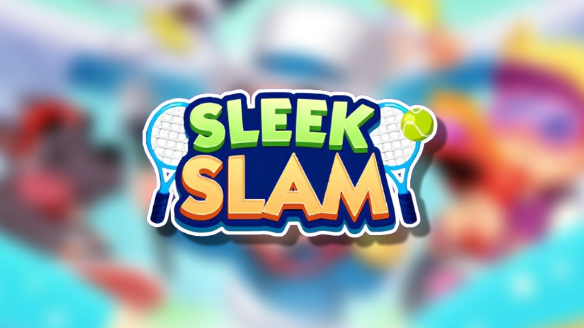 The Sleek Slam logo on top of a blurred Monopoly GO background in an article detailing the rewards and milestones players can earn during this event
