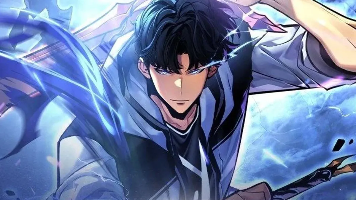 Image of a dark haired man leaning forward, surrounded by an aura of blue, in Solo Leveling Ragnarok