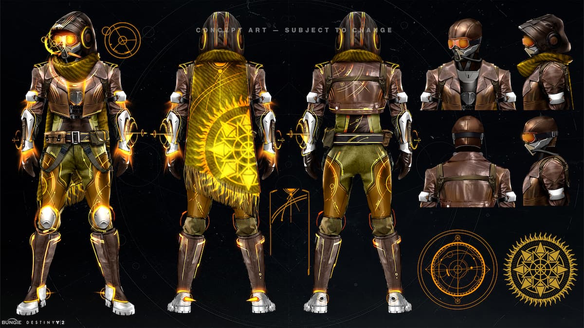 An ornate character design sheet featuring a Hunter in Destiny 2, with an outfit with earthy tones and bright yellow detailing