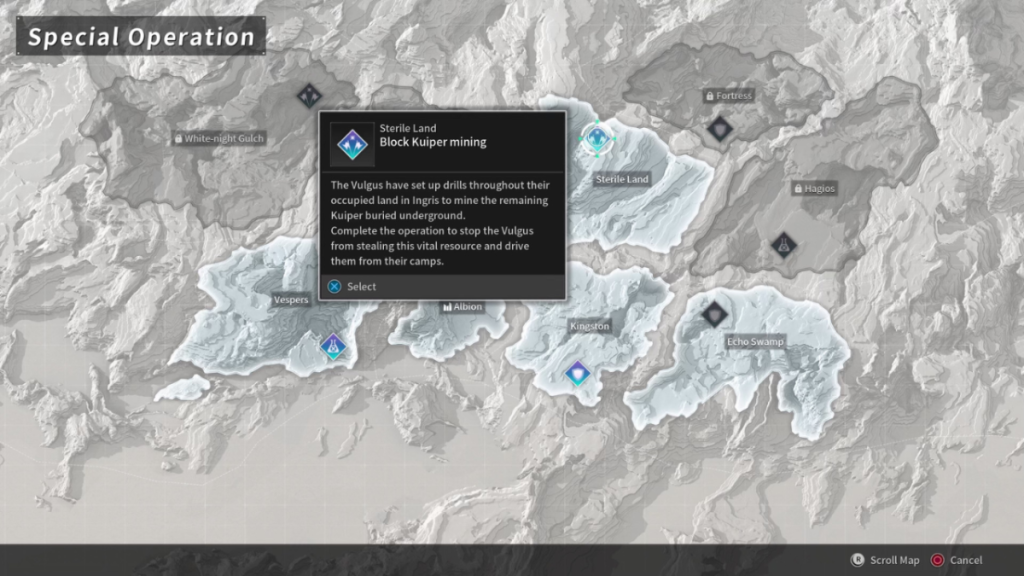 Image of the world map in The First Descendant with the cursor hovering over Block Kuiper mining 