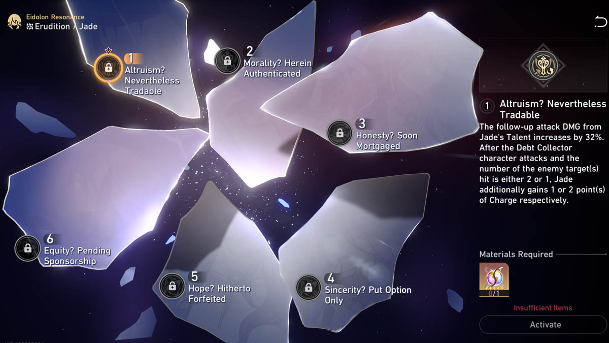 Image of the Erudition A Jade menu in Honkai Star Rail, with shattered glass shards and nodes 