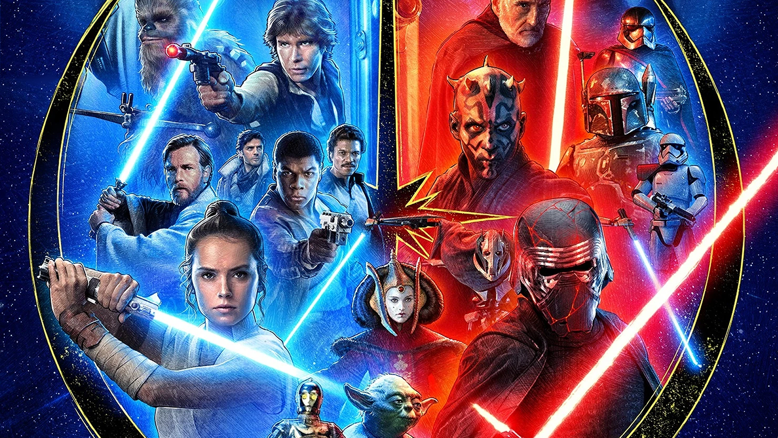 Cropped Star Wars Celebration 2019 poster art featuring key characters from the Skywalker Saga