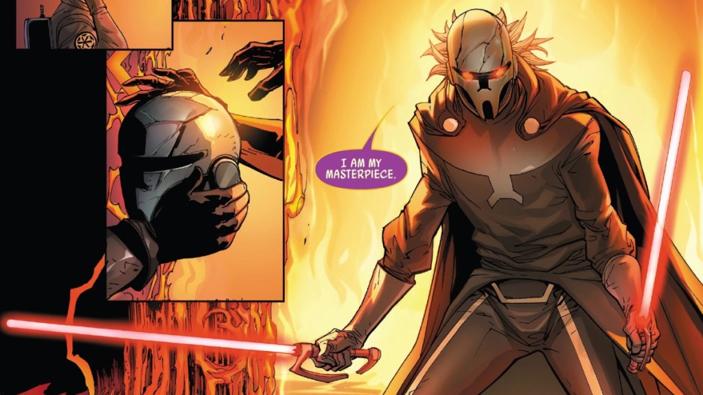 Darth Momin wielding twin red lightsabers in Star Wars comic book art