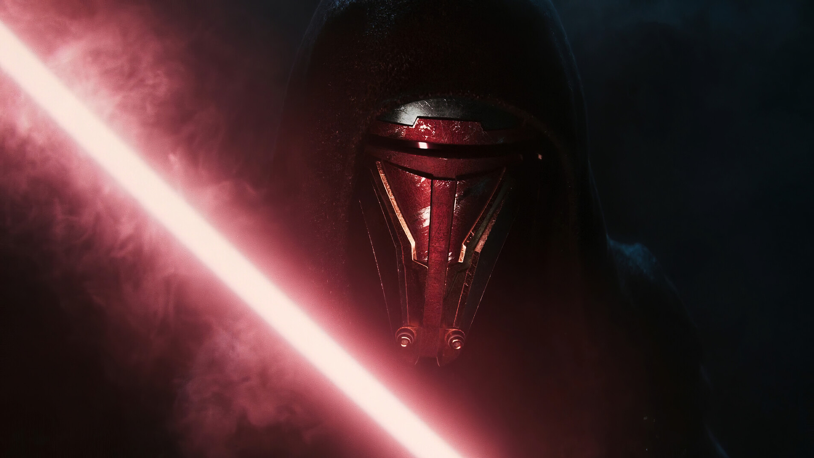 Artwork of Star Wars character Darth Revan wearing his facemask with his red lightsaber ignited