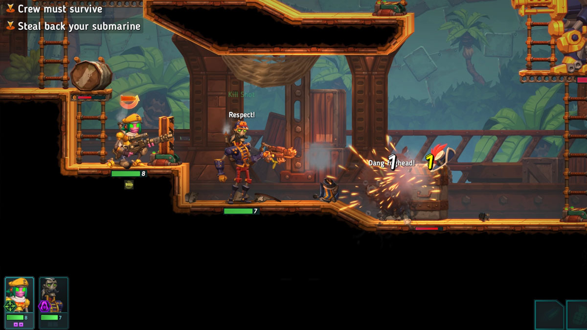 Image of a robot blasting an enemy and  the enemy's hat flying off in SteamWorld Heist II