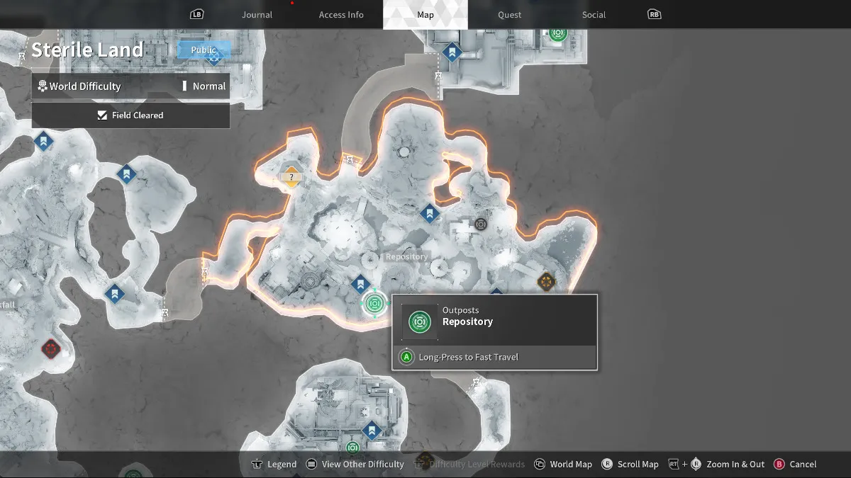 The Sterile Land map in The First Descendant, with an outpost selected in the Repository portion of the zone