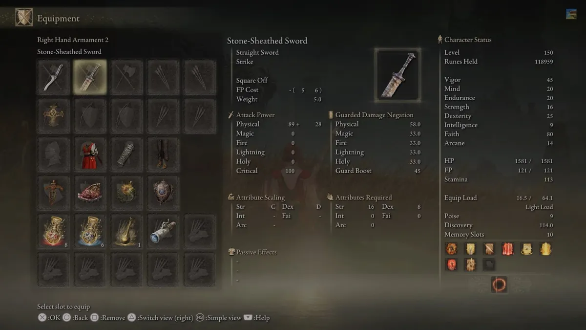 Stone-Sheathed Sword Stats in Elden Ring.