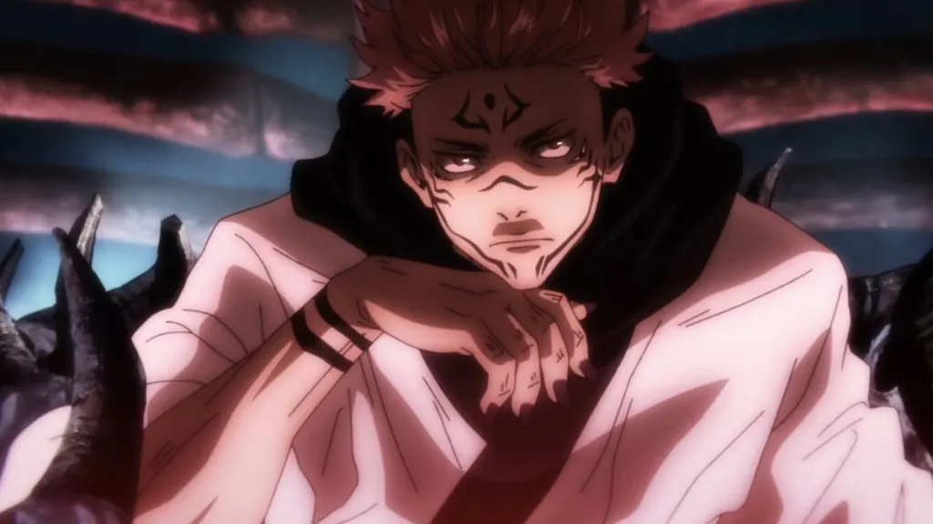 Sukuna frustrated sitting on throne in Jujutsu Kaisen anime