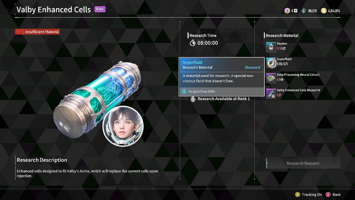 Image of the Valby Enhanced Cells research menu in The First Descendant, with the cursor hovering over Superfluid