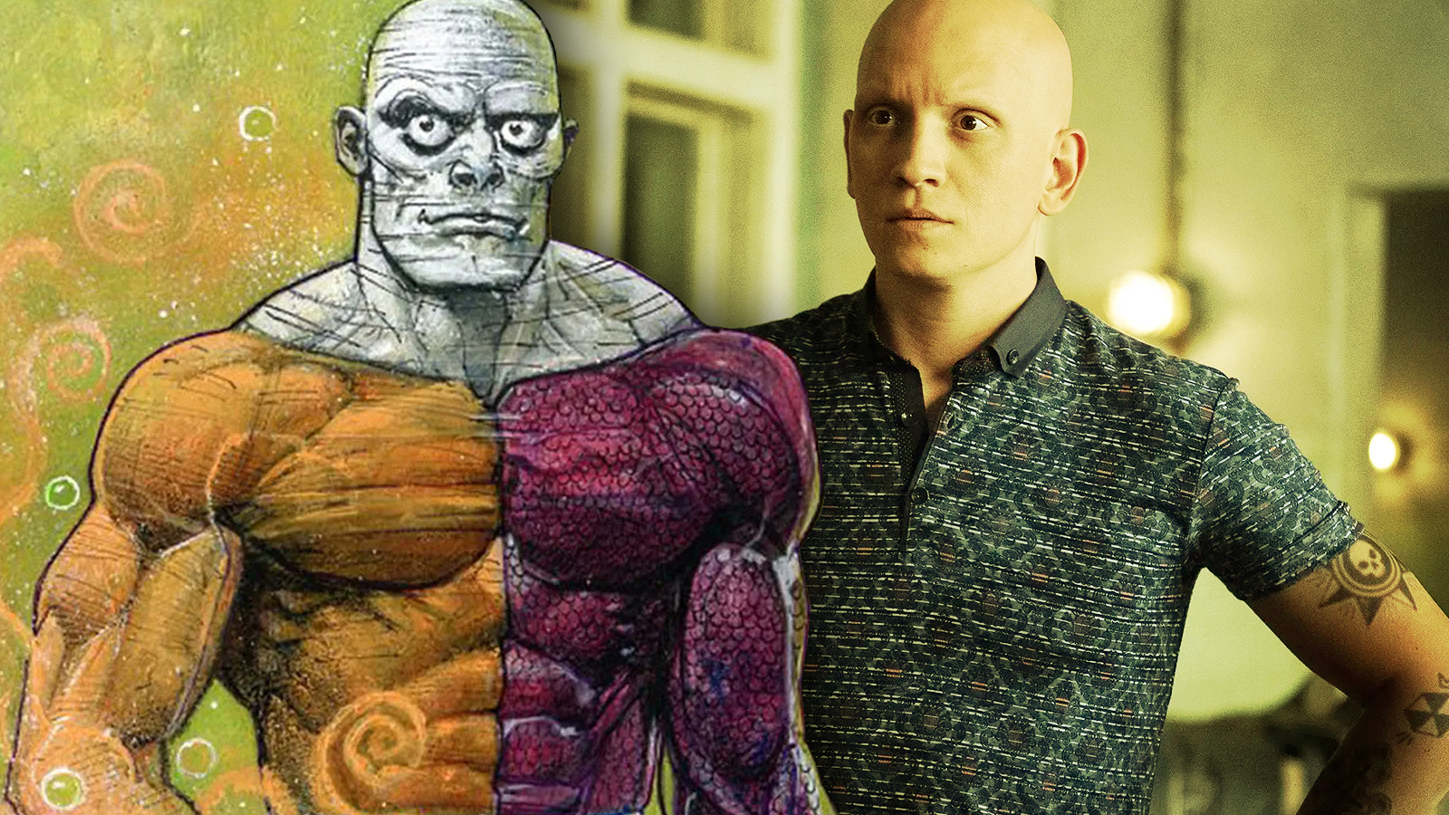 A still of Anthony Carrigan in Barry combined with DC comics artwork of Metamorpho