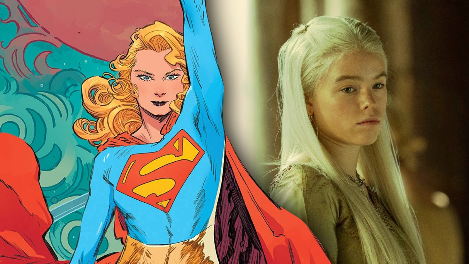 A custom header combining Supergirl: Woman of Tomorrow artwork with a still of Milly Alcock in House of the Dragon