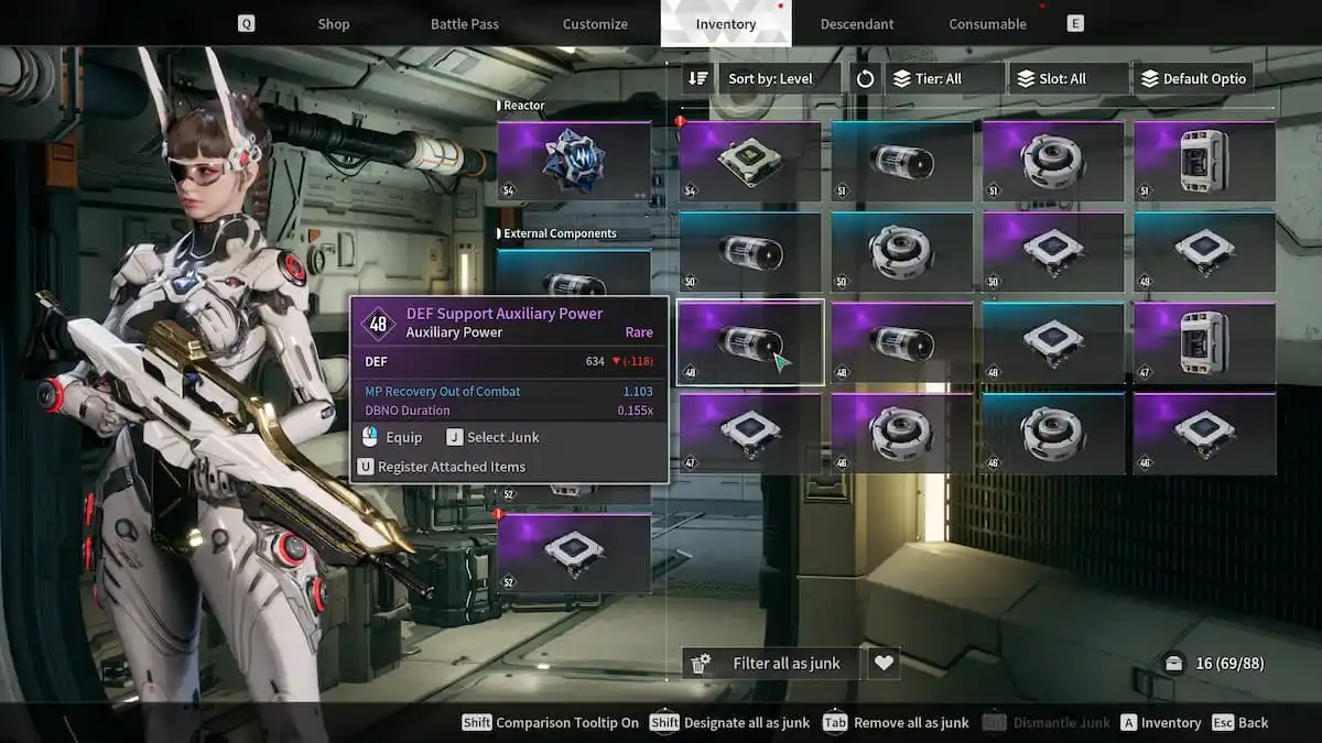 Image of a player In Bunny's external components menu in The First Descendant 