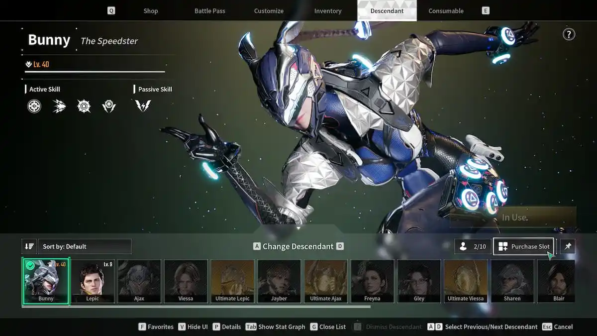 Descendant slots in the Descendant menu in The First Descendant