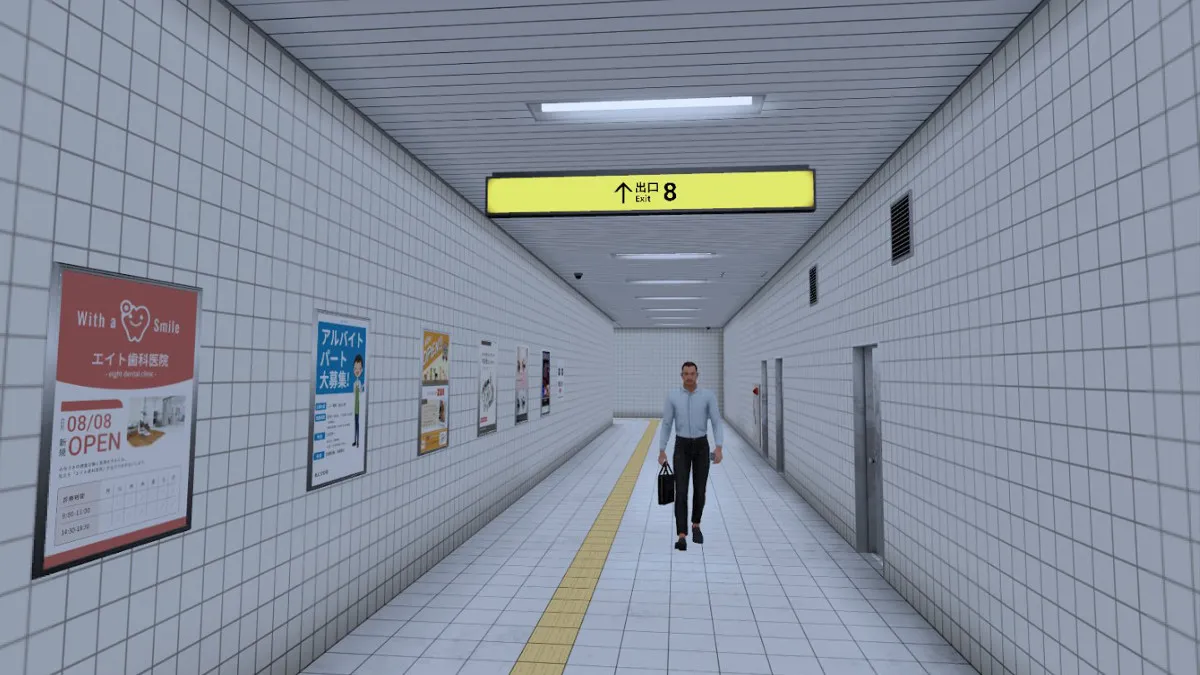 A man walking down a hallway in The Exit 8 VR, with posters adorning the left side of the room and doors along the right side