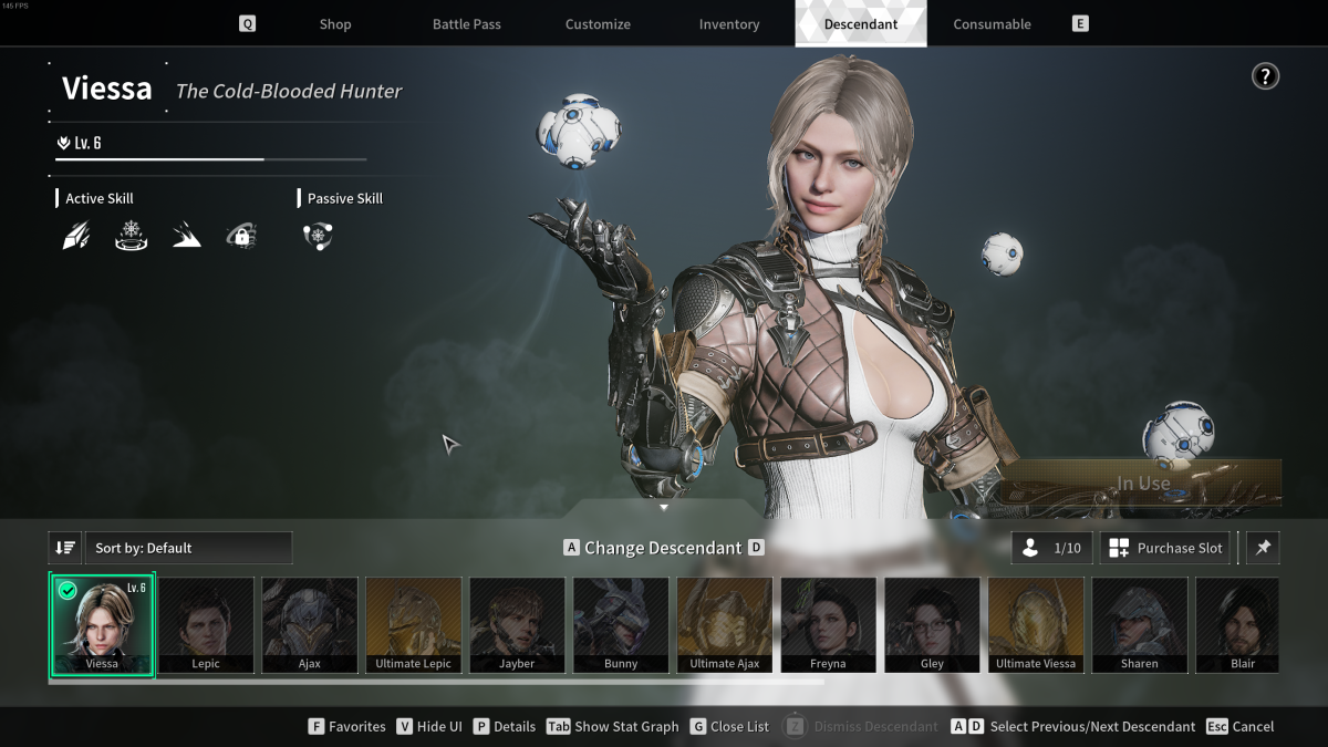 Image of Viessa highlighted in a long menu screen of all the possible Descendants in The First Descendants 