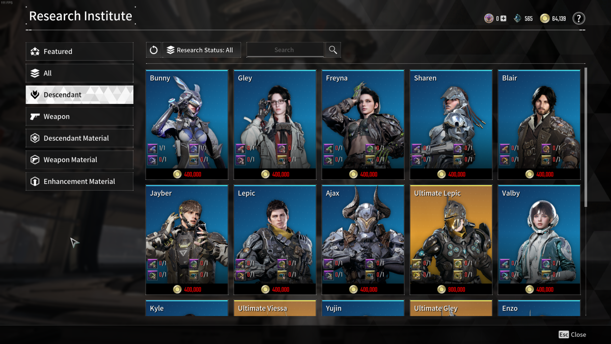 All Descendants displayed on the menu screen while researching with Anais in The First Descendant