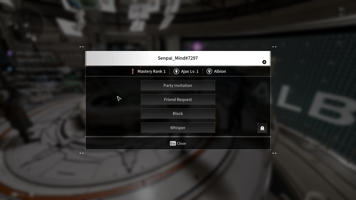 Image of a menu screen showing a player's user name, mastery rank, and the abiltiy to invite them to a party or add them as a friend in The First Descendant