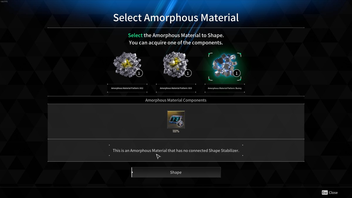 Image of the Select Amorphous Material menu after the Grave Walker encounter