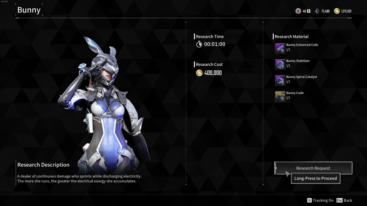 Image of the research menu of Bunny in The First Descendant 