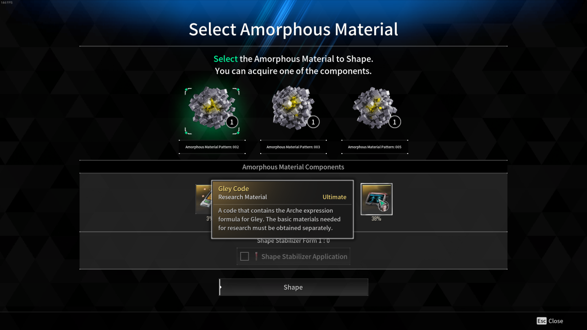 Image of the post-battle Colossus menu in The First Descendant with the player selecting which Amorphous Material they want to use