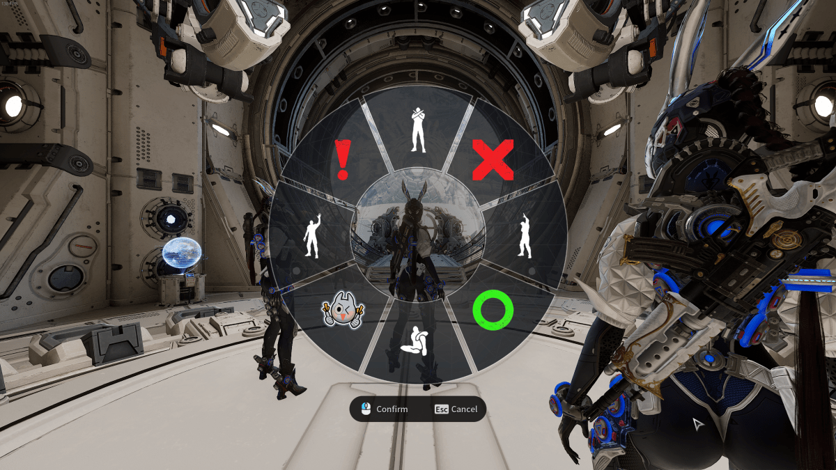 Image of the player with their emote wheel open in The First Descendant 