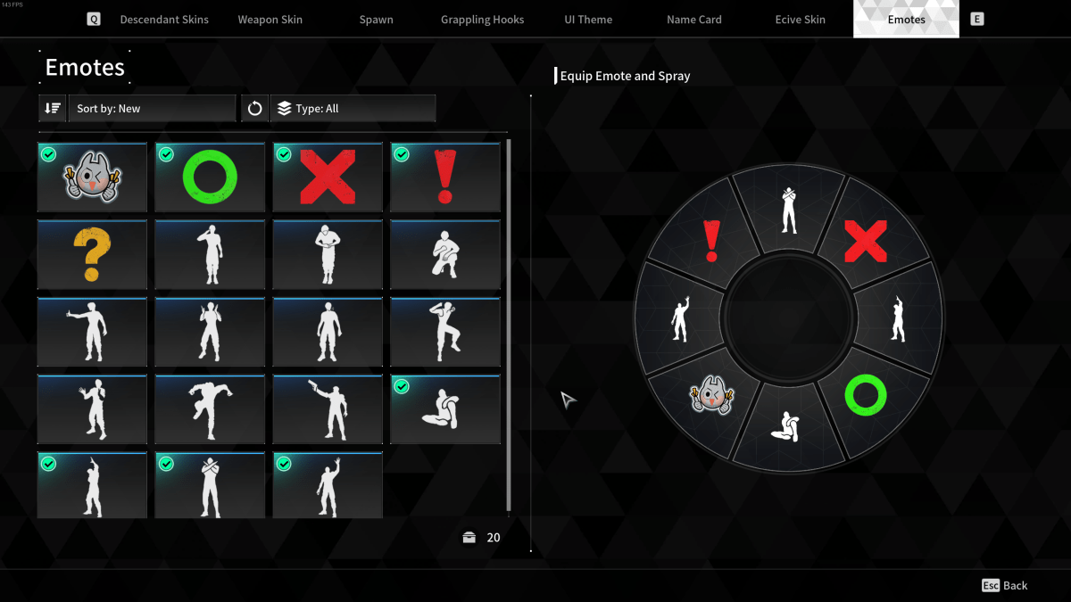 Image of the emotes menu open in The First Descendant 