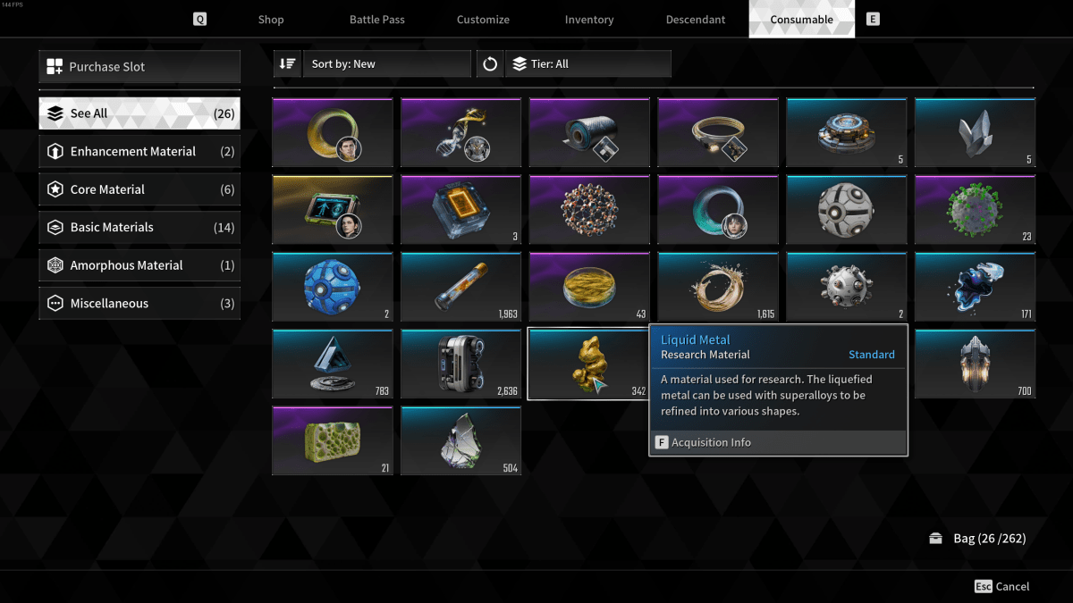 Image of a player's inventory with the cursor hovering over Liquid Metal in The First Descendant