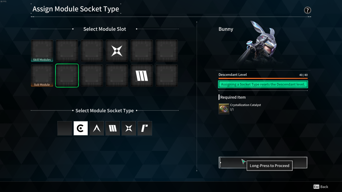 Image of the Assign Module Socket Type menu of the Descendant Bunny with the cursor hovering over the confirm button 