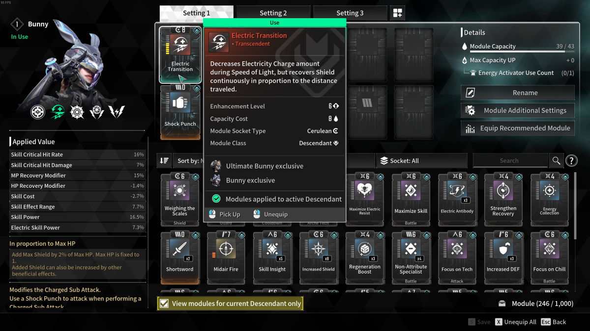 Image of Bunny's Descendant Module menu with the cursor hovering over Electric Transition 