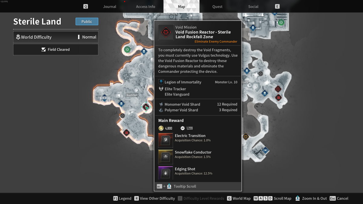 The Sterile Land map in The First Descendant with the cursor hovering over the Void Mission in the area