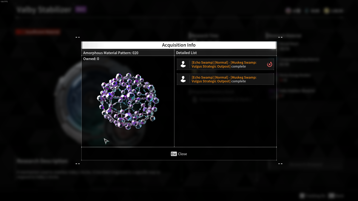 Image of the information menu of the Amorphous Material Pattern, showing where it can be obtained in The First Descendant