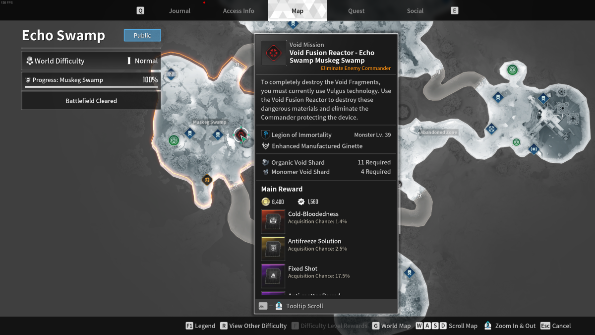 Image of the Echo Swamp map, with the cursor hovering over the Void Fusion Reactor mission 