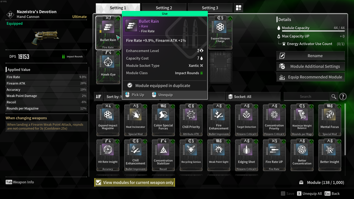 Image of the weapon module menu for the Nazeistra's Devotion, with the cursor hovering over Bullet Rain