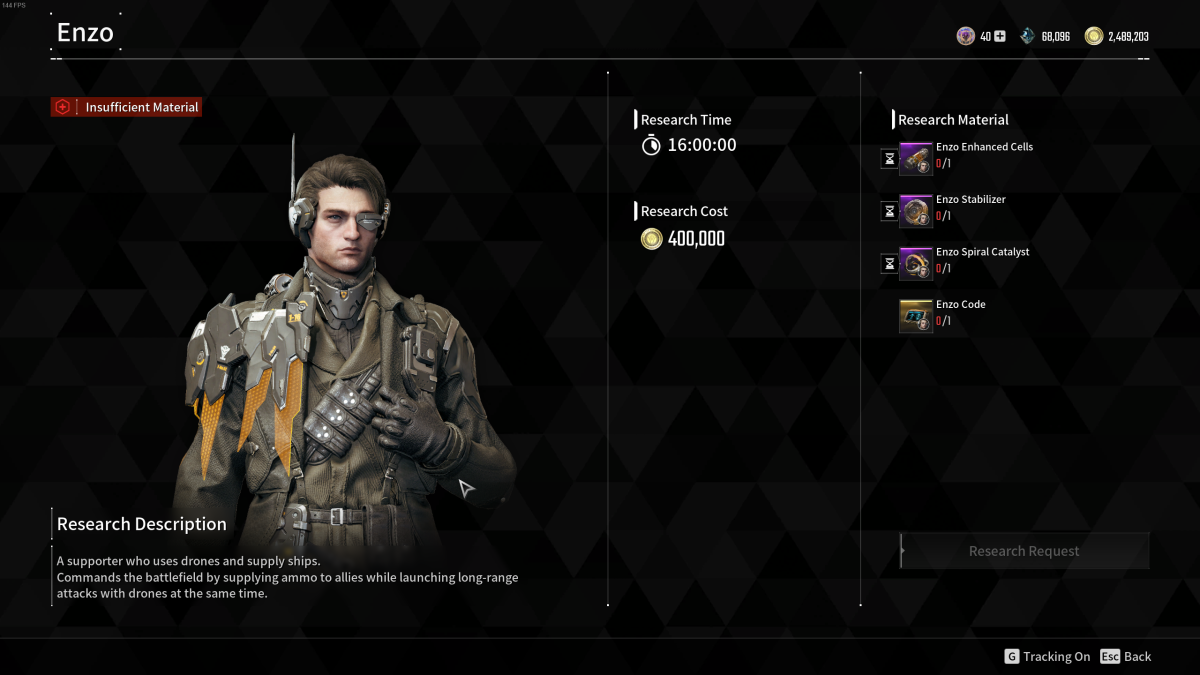 Image of Enzo's research menu in The First Descendant 