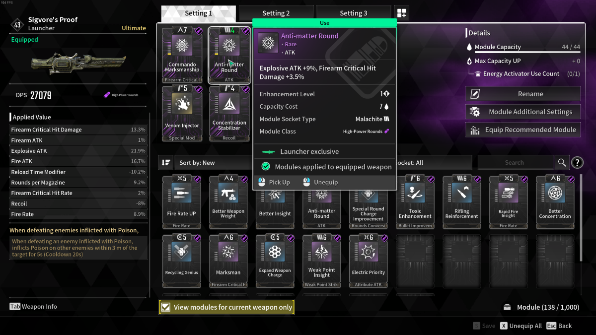 Image of Sigvore's Proof 's module menu with the cursor hovering over the Anti matter round