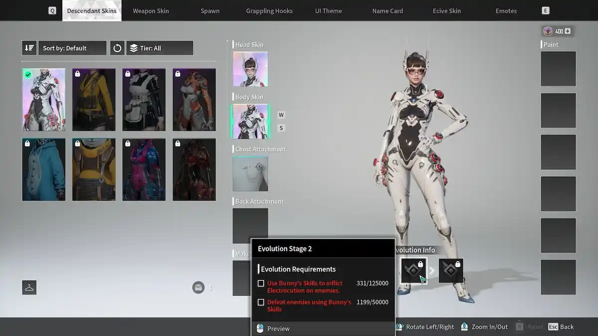 Image of the Descendant Skin menu with the prestige Speedy Skin for Bunny Selected and the cursor hovering over the requirements for Stage 2