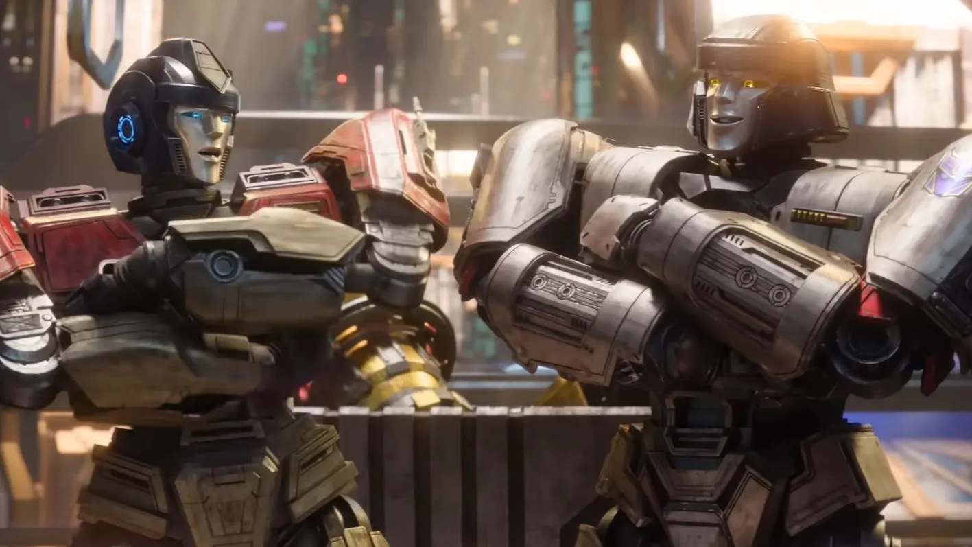 Megatron and Optimus Prime in a still from the Transformers One trailer.