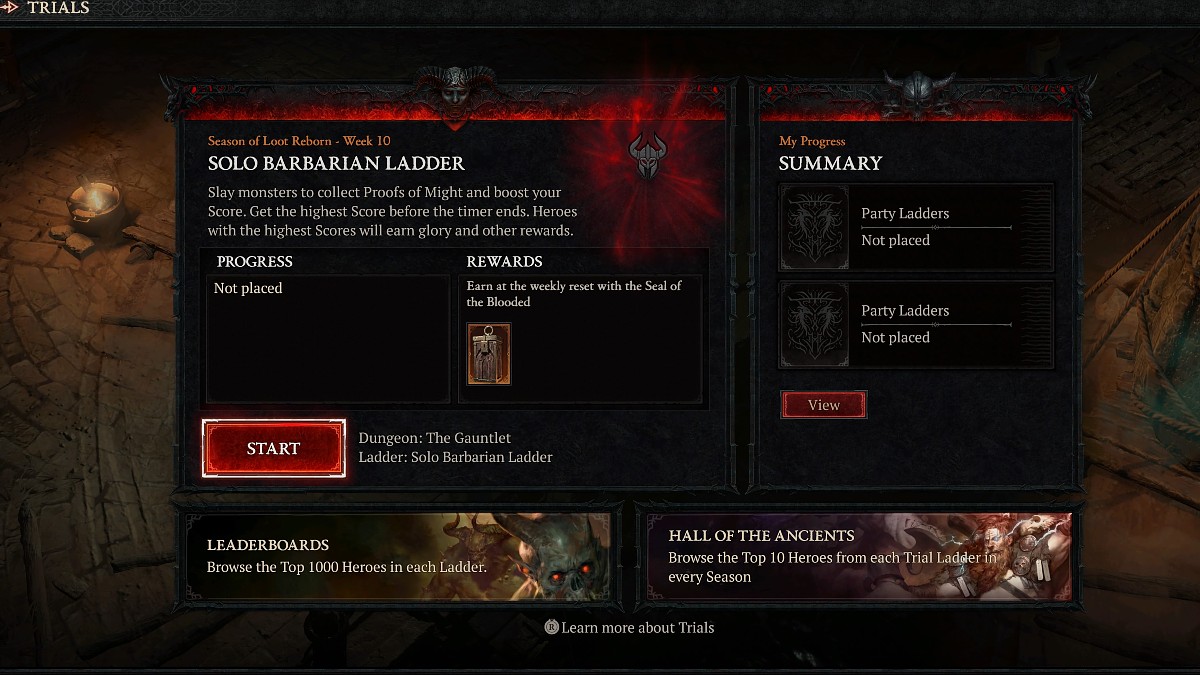 Trials ladder in Diablo 4.