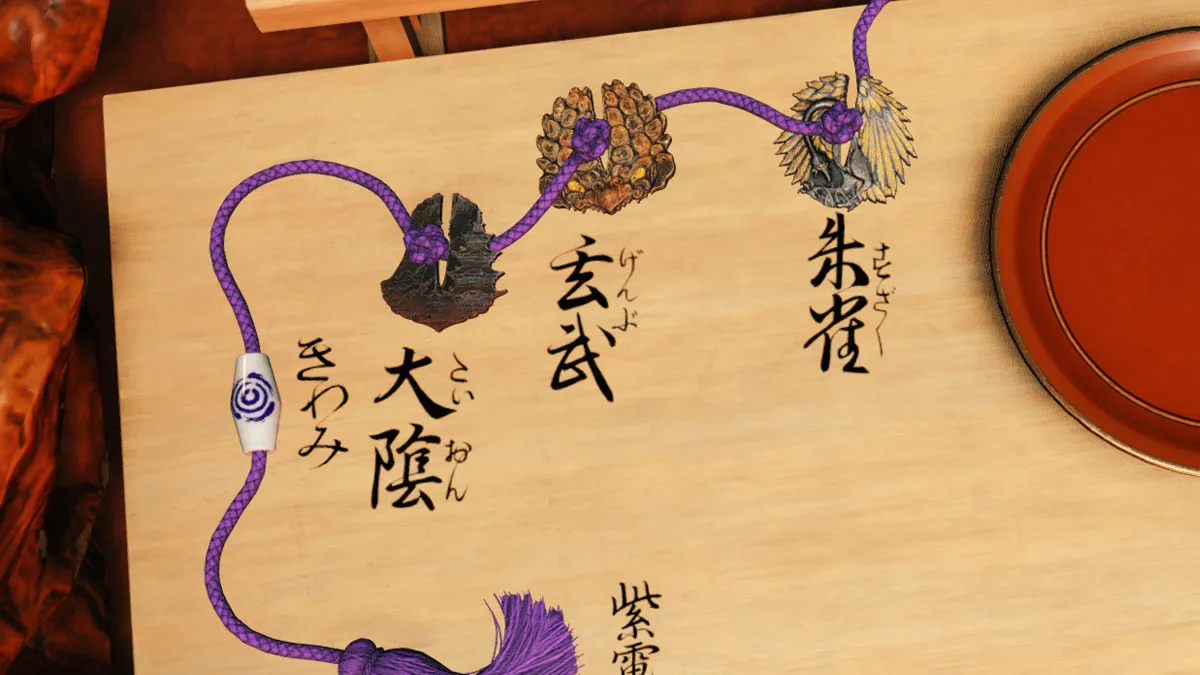 Image of several Tsuba Guards laid out across a wooden table, a purple cord connecting them in Kunitsu-Gami: Path of the Goddess